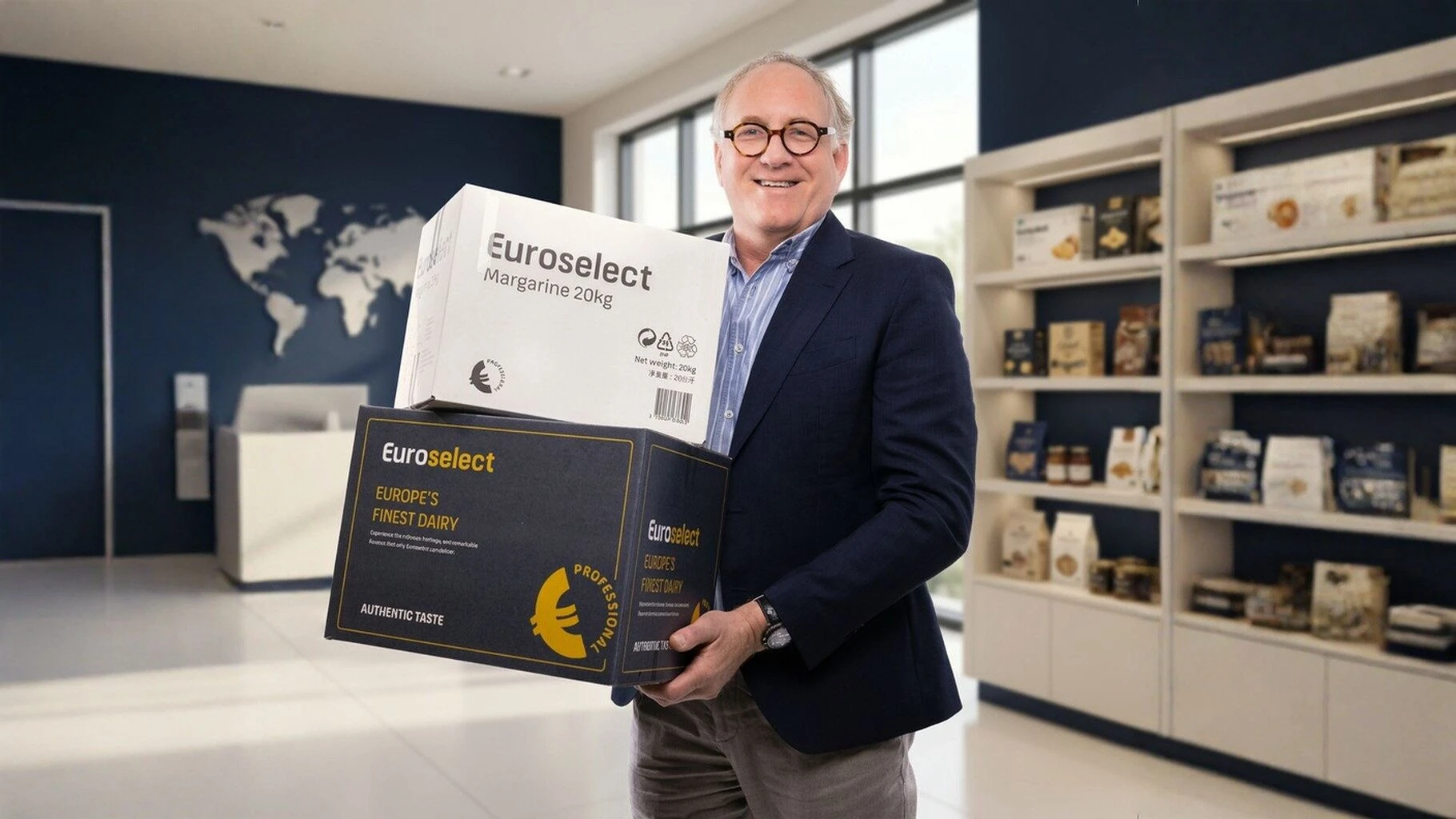 FFT International representative holding Euroselect dairy product boxes in a professional showroom, representing FFT's export and business development services for European food brands.