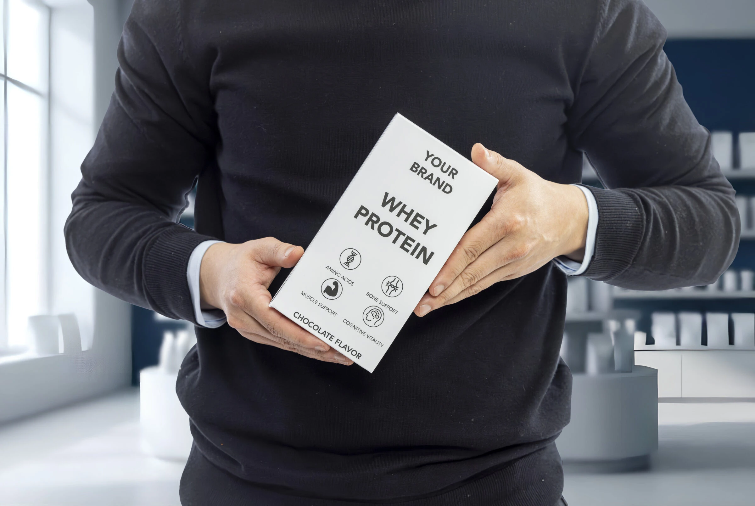 A person holding a white private label product box reading "Your Brand", illustrating FFT International's flexible private label food solutions for Asian retailers and brand owners.